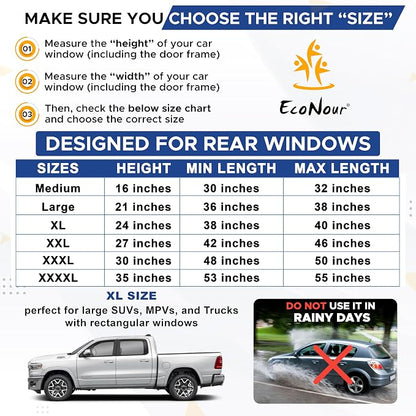 EcoNour Car Side Window Sun Shade (Pack of 2) | Stretchable & Breathable Car Window Screens for Complete Sun & Privacy Protection | Fits Most Truck, SUV and Minivan (XL 24" x 38")