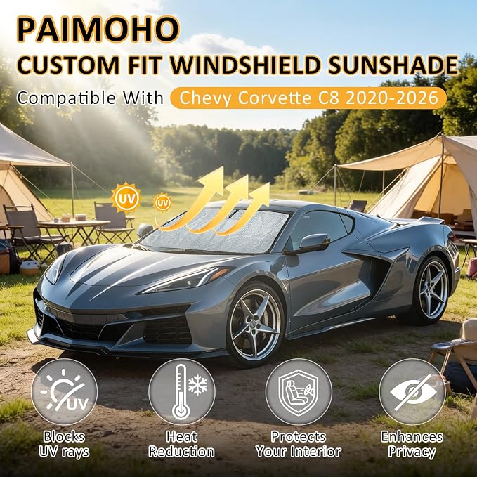 Thickened Windshield Sun Shade for Chevy Corvette C8 2020-2026 | Fits Chevy C8 Stingray, Z06, ZR1, E-Ray Aluminum Accordion Front Window Sunshade, Foldable Sun Visor Shield, Car Accessories