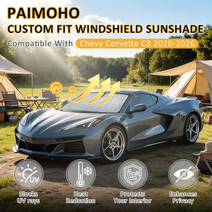 Thickened Windshield Sun Shade for Chevy Corvette C8 2020-2026 | Fits Chevy C8 Stingray, Z06, ZR1, E-Ray Aluminum Accordion Front Window Sunshade, Foldable Sun Visor Shield, Car Accessories