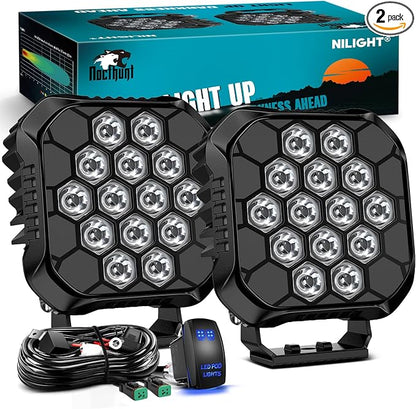 Nilight LED Pod Light 2 PCS 4.4 Inch 70 W 14 LED Square Hyper Spot Beam Offroad Driving Lights w/14 AWG Rocker Switch Wiring Harness Kit for Truck Motorbike Boat ATV UTV