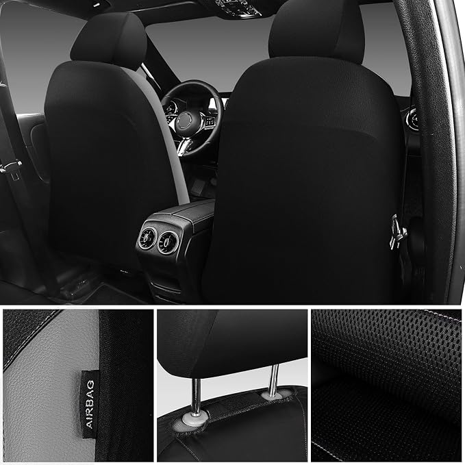 CAR PASS Leather Car Seat Covers Front Seats only, with Air Mesh Front Seat Covers Breathable, Cool Automotive Seat Covers 2 Pack, Universal Fit Most Cars,SUV,Truck,Van Airbag Compatible(Black Gray)