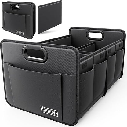 Homeve Car Trunk Organizer for SUV, 18.5Gal Large Capacity No-Sag Heavy Duty, Foldable Waterproof Anti-Slip Storage with 12 Pockets, Fit Sedan,Truck, Universal Car Accessories, Black, Large, 2 Compart