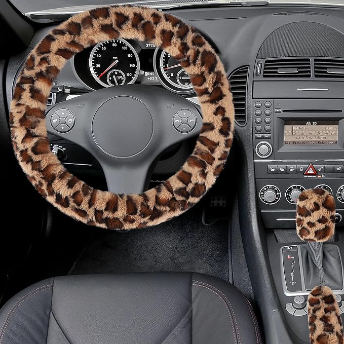 Accmor Fuzzy Car Steering Wheel Cover, Universal Fit Fur Auto Wheel Cover & Handbrake Cover & Gear Shift Cover Set, Leopard Warm Fluffy Vehicle Wheel Protector Car Accessories for Men Women (Brown)