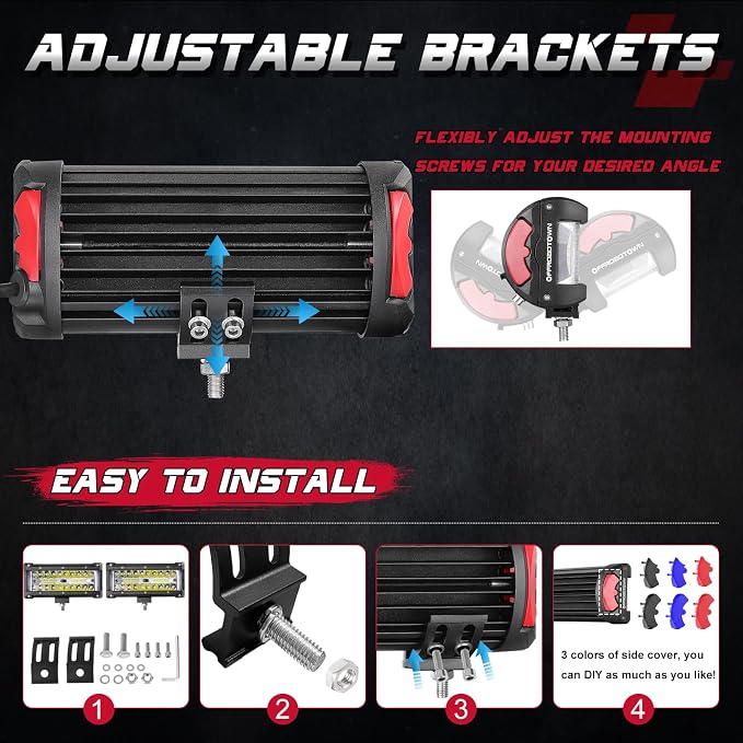 OFFROADTOWN 7inch LED Light Bars LED Pods Off Road Fog Driving Lights Side Shooter Cube with Black Red Blue Side Cover for Truck ATV UTV Motorcycle Pickup Boat