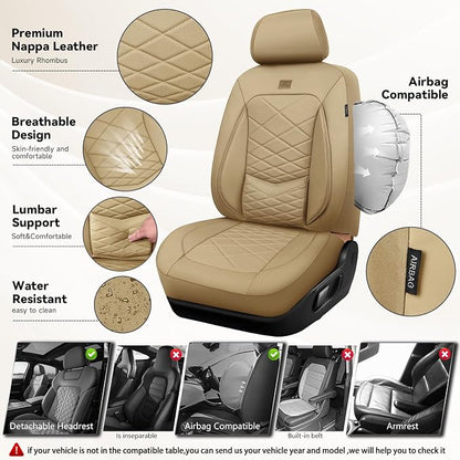 CAR PASS Luxury Nappa Leather Seat Covers Full Set, Water Resistant Faux Leather Seat Cover with Lumbar Support, Breathable Automotive Seat Covers Universal Fit for Sedan SUV Van Truck, Pure Beige