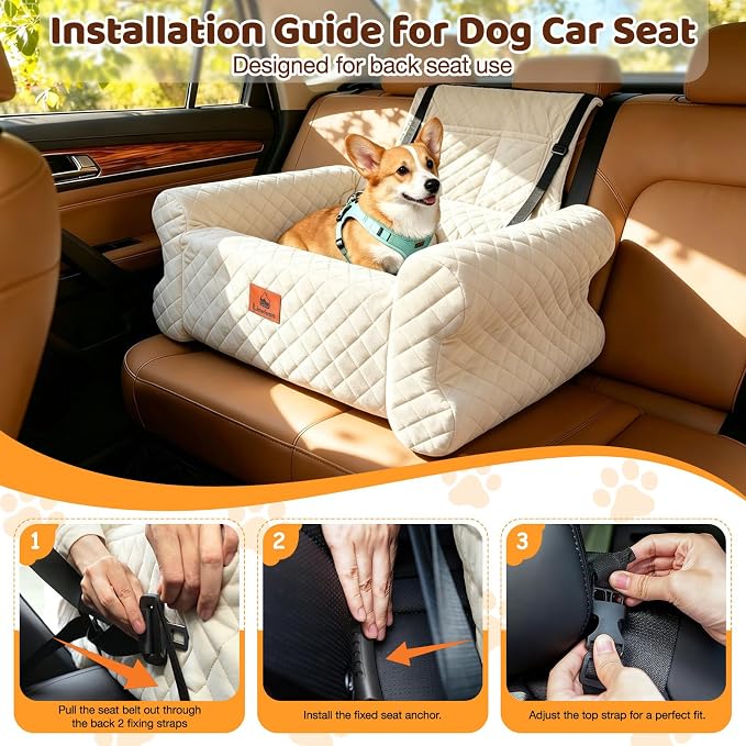 Dog Car Seat for Medium/Large Dogs up to 60 lbs, Memory Foam Dog Booster Seat with Thick Cushion, Pet Car Seat for Back with Detachable Washable Cover, Storage Pockets for SUV, Pick Up, Trunk, White