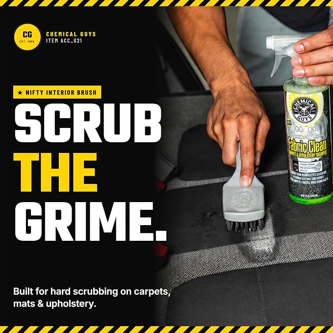Chemical Guys, The Nifty Interior Detailing Brush, Synthetic Bristle Scrub Tool for Car Carpet Floor Mats Upholstery Trunk Liners, Auto Cabin Cleaning Brush with Ergonomic Short Handle - Grey