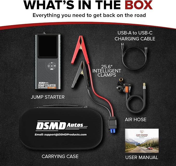 Jump Starter with Air Compressor, Portable Car Battery Booster for Dead Batteries, 150 PSI Tire Inflator – Starts Up to 6.5L Gas / 3.5L Diesel Engines, Power Bank, LED Display – DSMDAutos