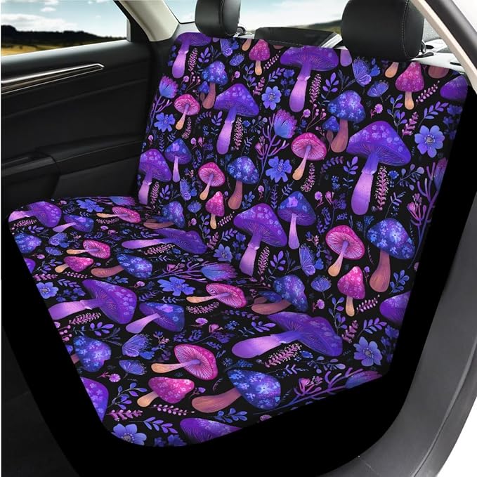 14 Pcs Purple Mushroom Car Seat Covers Full Set with Auto Steering Wheel Cover Armrest Cushion Protector Seat Belt Covers,Rianbow Mushroom Auto Accessories,Universal Fit Cars SUV Trucks