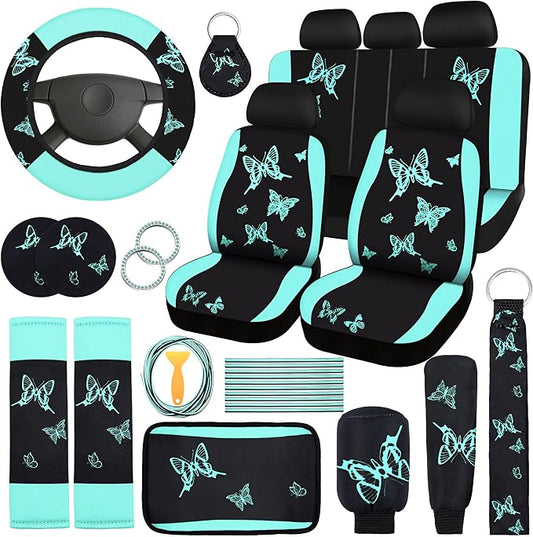 BBTO 43 Pcs Butterfly Car Seat Full Set Butterfly Car Accessories for Women 5 Front Rear Seat Covers Wrist Strap 2 Pcs Cup Mat Armrest Pad 2 Belt Xmas Cover Accessories for SUV(Mint Green, Black)