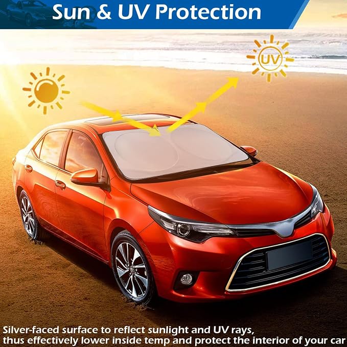IC ICLOVER Car Windshield Sun Shade, 210T Material Foldable Front Window Sun Visor Protector, Blocks Heat and UV Rays Sun Protection Shield, Keep Your Car Cool, Fits Vans, MPV, Large Vehicles (Large)