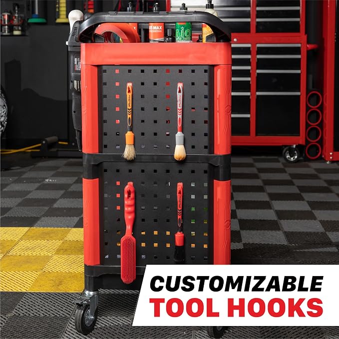 Maxshine Premium Universal Heavy Duty Detailing Cart – 3-Tier Mobile Car Detailing Cart with Locking Casters, Storage Shelves, Brush Holder & Pegboard Organizer – Garage & Mobile Auto Detailing