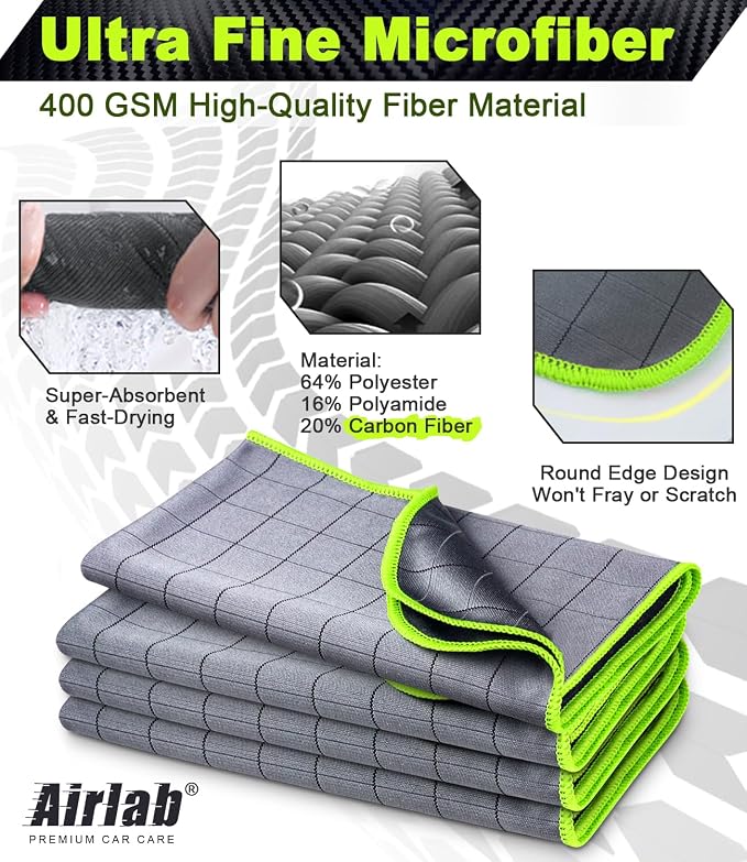 Airlab Magic Cleaning Cloth Window Glass Cleaner Carbon Microfiber Towels Kitchen Bathroom Lint Free Rags Car Wipes Drying Auto Detailing, Pack of 4, 20" x 16", Grey-Green
