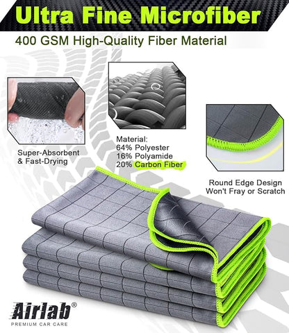 Airlab Magic Cleaning Cloth Window Glass Cleaner Carbon Microfiber Towels Kitchen Bathroom Lint Free Rags Car Wipes Drying Auto Detailing, Pack of 4, 20" x 16", Grey-Green