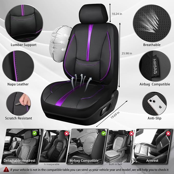 CAR PASS Nappa Leather Car Seat Covers, Water Resistant 3D Foam Faux Leather Seat Covers, Lumbar Support Automotive Seat Covers 2 Front Seats, Comfort & Universal Fit for Cars SUV Truck, Black Purple