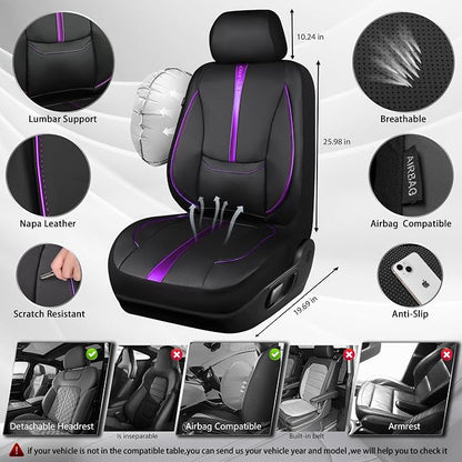 CAR PASS Nappa Leather Car Seat Covers, Water Resistant 3D Foam Faux Leather Seat Covers, Lumbar Support Automotive Seat Covers 2 Front Seats, Comfort & Universal Fit for Cars SUV Truck, Black Purple