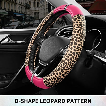 Road Comforts Leopard Steering Wheel Cover for Women, Cute Anti-Slip Microfiber Leather, Fits D Shape Flat Bottom Steering Wheel 14.5-15 Inch - HotPink