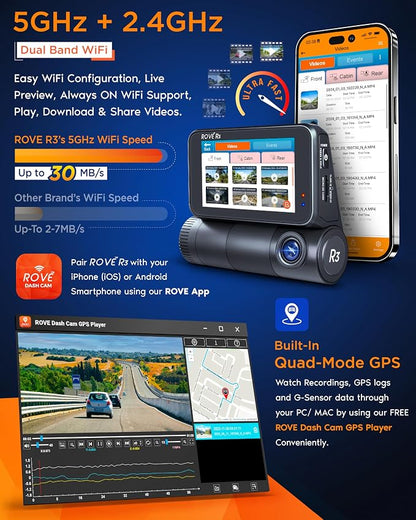 ROVE R3 Dash Cam Front and Rear with Cabin, 3” IPS Touch Screen, 3 Channel Dash Cam 1440P+1080P+1080P, IR Night Vision, 5GHz WiFi, Up to 30MB/s Download Speed, Quad-Mode GPS, Supports 512GB Max