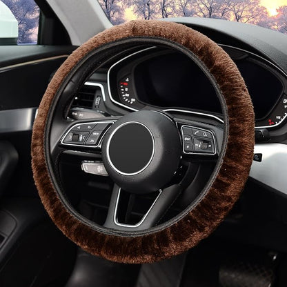 KAFEEK Elastic Long Microfiber Plush Steering Wheel Cover for Winter Warm, Universal 15 inch, Anti-Slip, Odorless, Brown