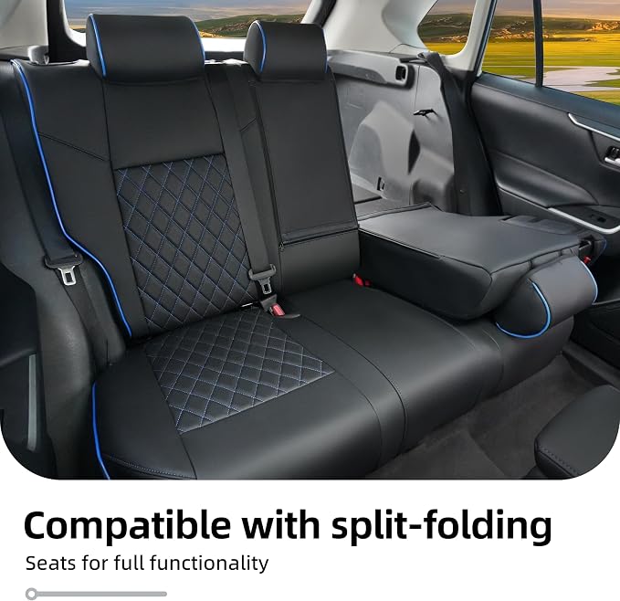 Lolcar RAV4 Seat Covers Custom Fit for Toyota RAV4 2019 2020 2021 2022 2023 2024 2025 LE,XLE,XLE Premium,Limited,Airbag Compatible,Seat Cover Full Set for SUV, Leather（ Black with Blue Trim）