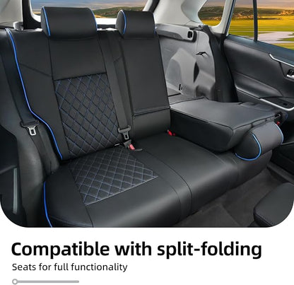 Lolcar Rav4 Seat Covers Custom Fit for Toyota Rav4 (for Hybrid) 2019-2025 LE,XLE,XLE Premium,Limited,Woodland Edition, Leather Truck Seat Cover Full Set for SUV,Faux Leather（Black with Blue Trim）