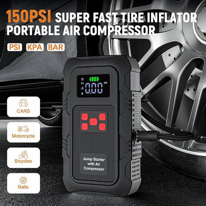 6000A Jump Starter with Air Compressor, Portable Car Battery Jump Starter with 150 PSI Tire Inflator for Up to 10.0L Gas and 8.0L Diesel Engines, 12V Jump Box with LCD Display