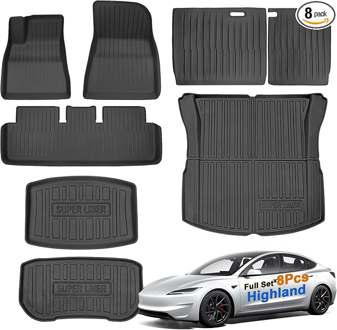 SUPER LINER Tesla Model 3 Floor Mats 2025 2026 2024 | Custom Fit All-Weather 8-Piece Set TPE Material | Tesla Model 3 Highland Floor Mats&Seatback Mats&Cargo Liner, Trunk&Interior Accessories