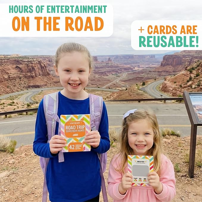 Scratch 'Ems Road Trip Scavenger Hunt Cards with 42 Reusable Scratch Off Travel Games for Kids & Families, Road Trip Essentials for Screen-Free Car Adventures