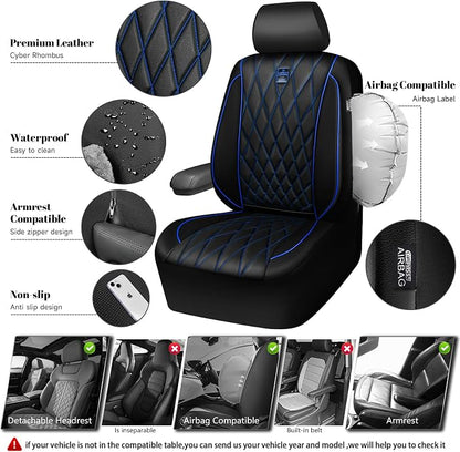 CAR PASS Piping Luxury PU Leather Two Front Car Seat Covers,Waterproof Anti- Slip Seat Covers Compatible with Front Seat Armrests,Universal Fit for Suvs,Vans,Trucks,Airbag Compatible(Black and Blue)