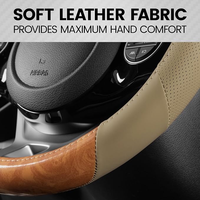 BDK BurlwoodLux Wood Grain and PU Leather Beige Steering Wheel Cover - Sport Grip for Car Auto SUV Trucks
