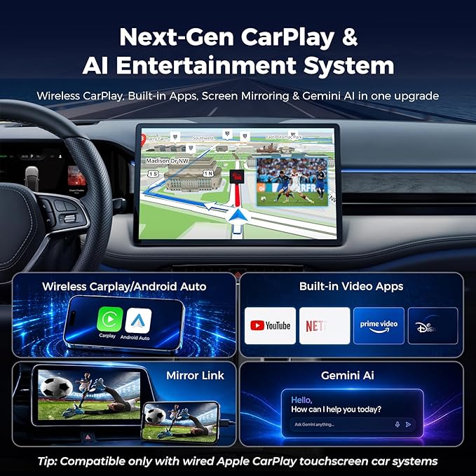 LAMTTO Wireless CarPlay and Android Auto Adapter with Gemini AI,4-in-1 Magic AI Box Video Player for YouTube TikTok, Dual WiFi,HD Media Port,USB Drive,Mirror Link for OEM Wired Carplay Cars 2016-2024