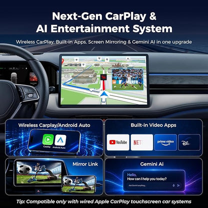 LAMTTO Wireless CarPlay and Android Auto Adapter with Gemini AI,4-in-1 Magic AI Box Video Player for YouTube TikTok, Dual WiFi,HD Media Port,USB Drive,Mirror Link for OEM Wired Carplay Cars 2016-2024