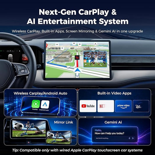 LAMTTO Wireless CarPlay and Android Auto Adapter with Gemini AI,4-in-1 Magic AI Box Video Player for YouTube TikTok, Dual WiFi,HD Media Port,USB Drive,Mirror Link for OEM Wired Carplay Cars 2016-2024