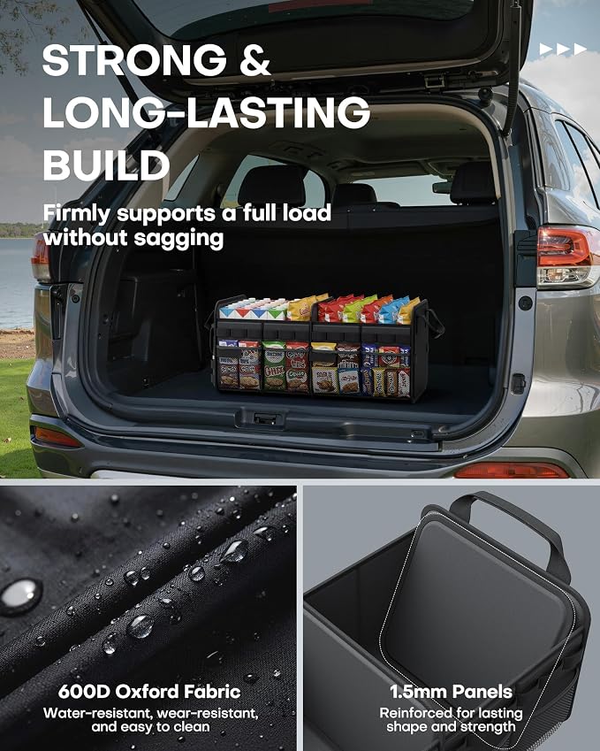 HOTOR Tactical Car Trunk Organizer - Foldable Trunk Organizer for SUV with Front MOLLE Pocket & Reflective Strips, Essential Car Accessories for Tools & Outdoor Storage, 15.0" x 23.6" x 11.0", Black