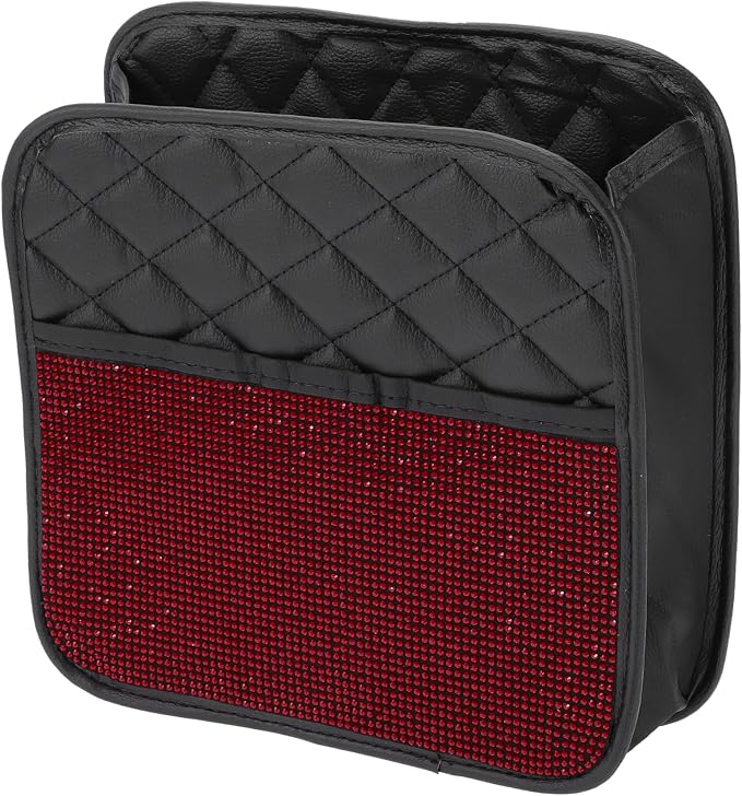 1 Pcs Universal Car Trash Can Hanging 10.2" Length 3.5" Width 10.2" Height Trash Bin Red Black Faux Leather Rhinestone