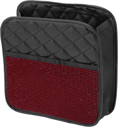 1 Pcs Universal Car Trash Can Hanging 10.2" Length 3.5" Width 10.2" Height Trash Bin Red Black Faux Leather Rhinestone