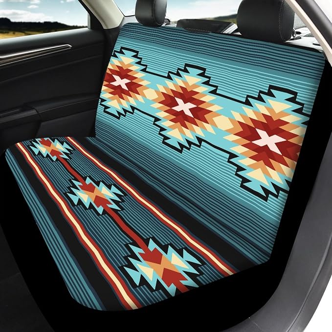 Aztec Southwest Native American Tribal Car Seat Covers Full Set,Turquoise Navajo Design Western Vehicle Front Rear Bench Cushion Protectors Auto Interior Accessories Universal Fit for Trucks