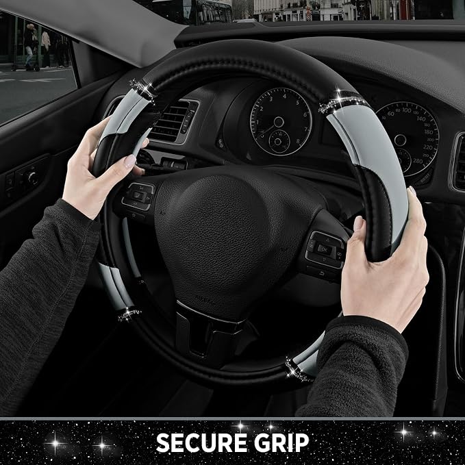 Road Comforts Leather Steering Wheel Cover - Made with PVC Leather - Anti-Slip, Universal Fit 14 1/2 inches to 15 inches - Gray