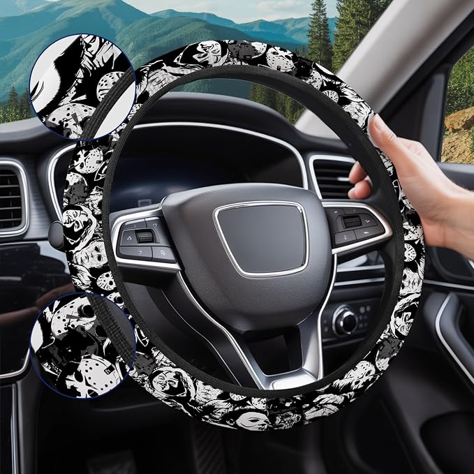 GENANY Horror Mask Steering Wheel Cover, Non Slip Polyester Car Wheel Protector for Car SUV Truck, Universal 15 Inch