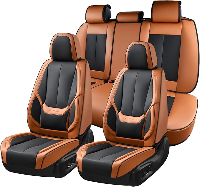 Coverado Car Seat Covers Full Set, Seat Covers for Cars, Black Car Seat Covers Front Seats and Back Car Seat Protector Waterproof, Leather Car Seat Cushion Universal Fit for Most Cars Brown