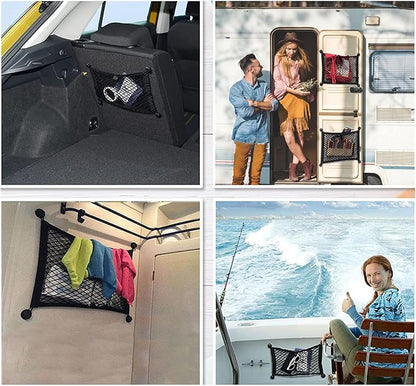 2 Pack Small Cargo Net Pocket Storage Mesh Net Elastic Automotive Cargo Nets Storage Pouch for Car Trunk Net, RV, Boat Storage Mesh Pocket Net with 8 Mounting Screws and Hooks (24 x 9.8 Inches)
