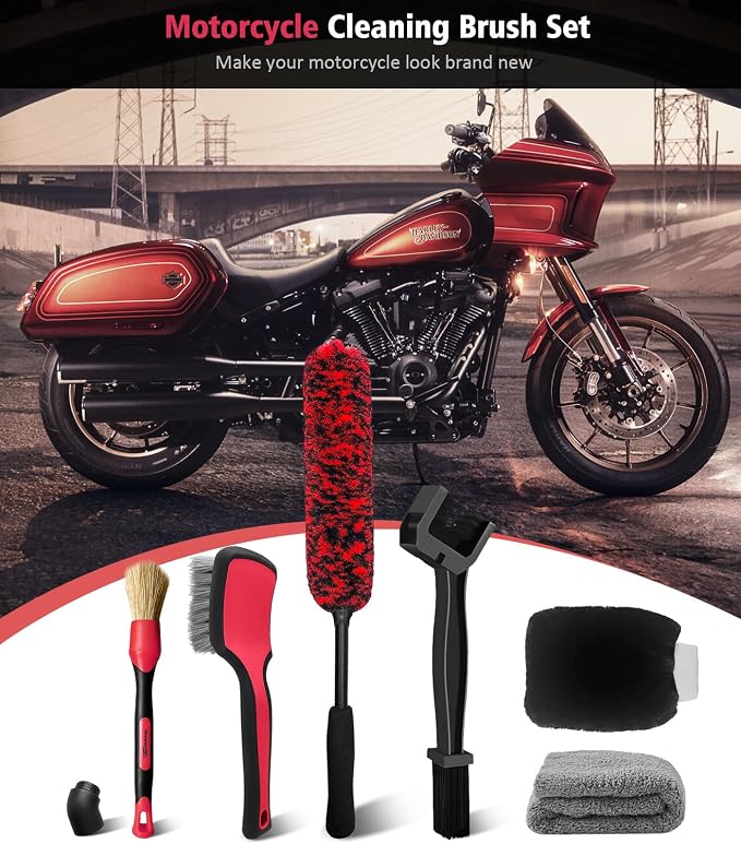 YeewayVeh 6PCS Motorcycle Cleaning Kit with Boar Hair Detailing Brush-Pro Safe for Chrome,Chain, Tire & Engine, Bendable Wheel Brush, Tire and Chain Brush, Wash Mitt & Microfiber Towel for Dirt Bike