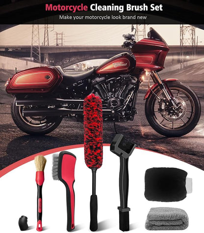 YeewayVeh 6PCS Motorcycle Cleaning Kit with Boar Hair Detailing Brush-Pro Safe for Chrome,Chain, Tire & Engine, Bendable Wheel Brush, Tire and Chain Brush, Wash Mitt & Microfiber Towel for Dirt Bike