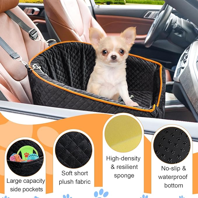 XIEEAOZEE Dog Car Seat for Small Dogs, Memory Foam Booster Dog Seat for Dogs up to 35 lbs, Elevated Pet Car Seat with Washable Removable Cover, Storage Pockets (Black)