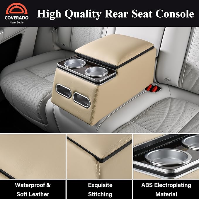 Coverado Car Center Console, Universal Rear Bench Seat Consoles, Truck Seat Organizer and Storage, Back Seat Car Organizer with Cup Holder, Large Storage Box, Central Armrest Box (Regular, Beige)