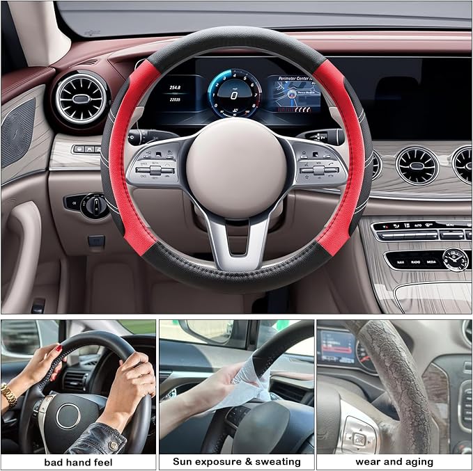Black and Red Line Punching Car Steering Wheel Cover, Microfiber Leather Sports, 14.5-15 in Universal Leather Wheel Covers, Breathable Fashion Anti-Slip, Steering Wheels Accessories for Men Women