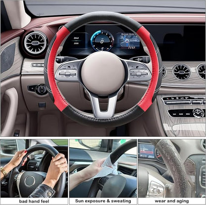 Black and Red Line Punching Car Steering Wheel Cover, Microfiber Leather Sports, 14.5-15 in Universal Leather Wheel Covers, Breathable Fashion Anti-Slip, Steering Wheels Accessories for Men Women