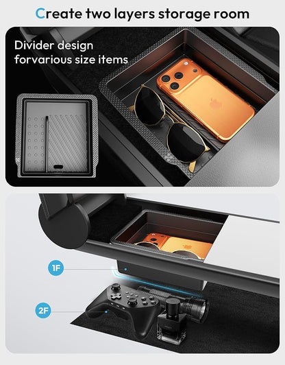 XINTUO Center Console Organizer Tray for Tesla Model Y Juniper 2025-2026 & Model 3 Highland 2024-2026 [Premium PC + Silent Silicone Liner] Cup Holder for Tesla Model Y Juniper Accessories