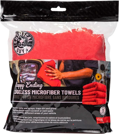 Chemical Guys Happy Ending Edgeless Microfiber Towels 16 x 16 Inch Premium Plush Detailing Cloths for Wax Buffing Polish Sealant Interior and Exterior Car Care 3 Pack