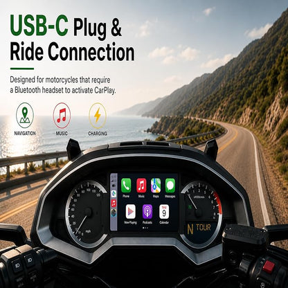 Motorcycle CarPlay Bluetooth Headset Bypass Adapter for Harley 12.3” Skyline OS, Newer Gold Wing Models, No Headset Required, USB-C Passthrough Charging, Military Green